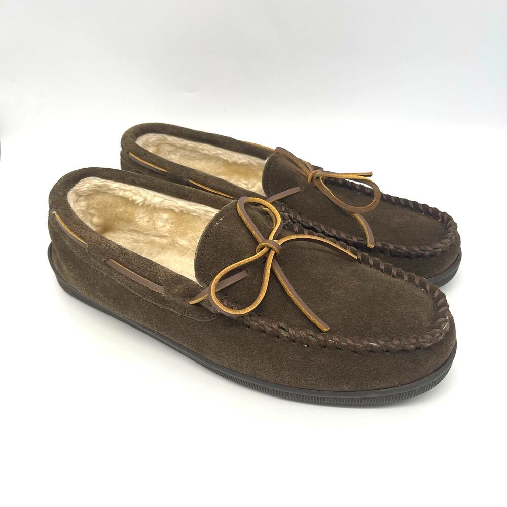 Minnetonka Men's Brown Suede Moccasins Pile Lined Indoor Outdoor Slippers Sz 11
